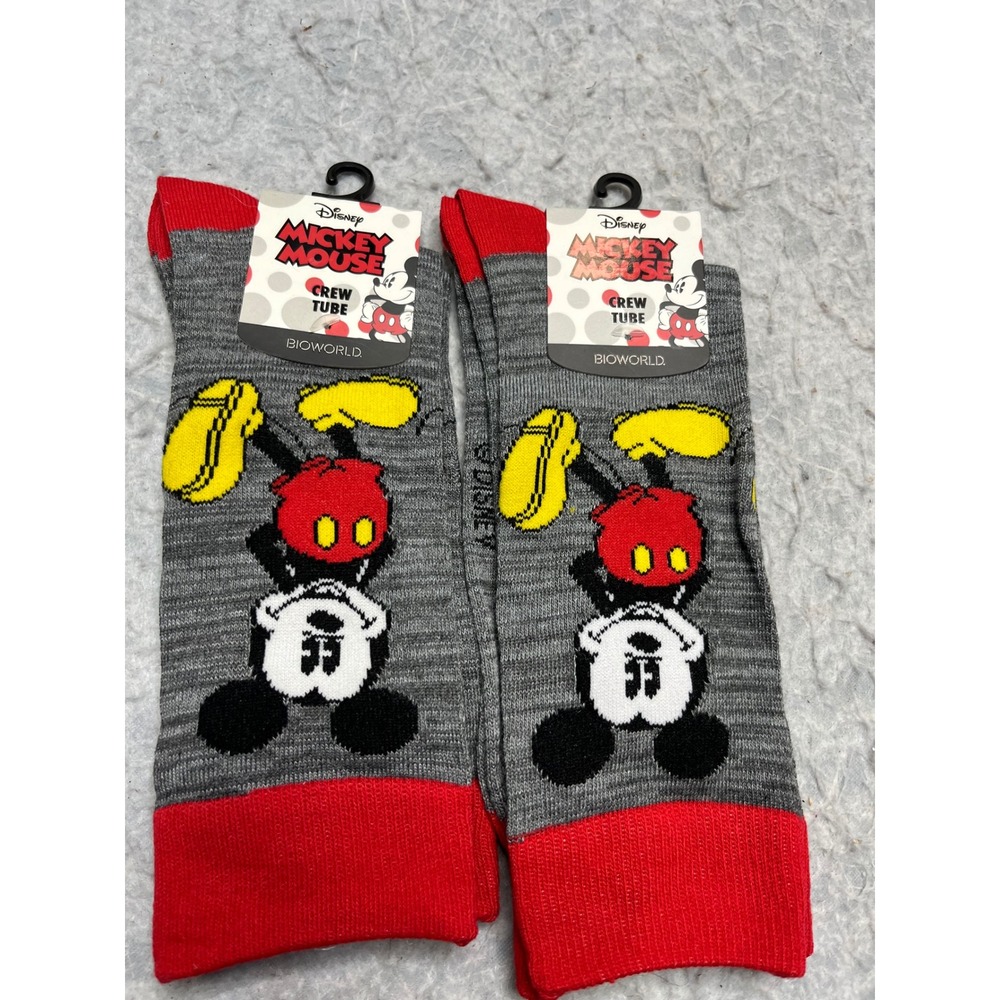 Disney‎ Mickey Mouse Bioworld Crew Tube Socks 2 Pairs Gray Red 14+